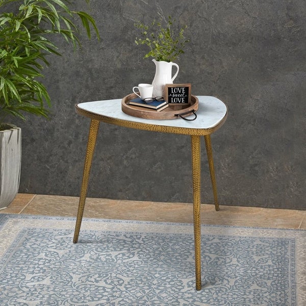 Plectrum Shape Marble Top Accent End Table with Metal Tripod Base， White and Gold - 20 L x 20 W x 21 H