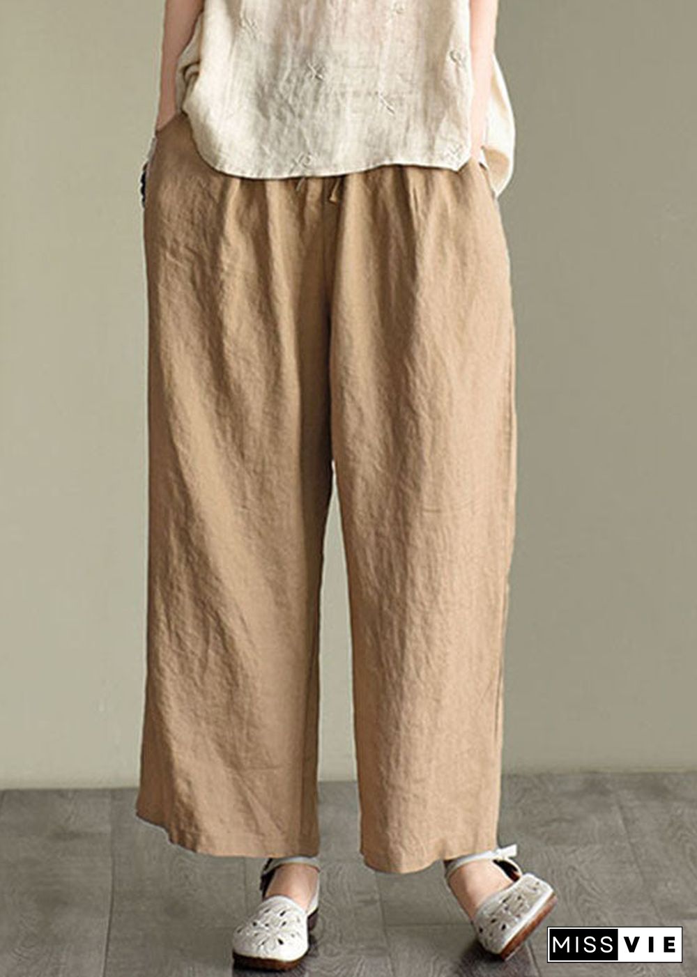 Loose Dark Khaki elastic waist drawstring Linen wide leg pants Spring