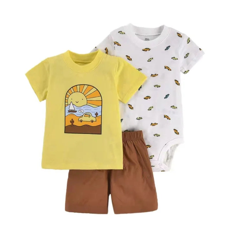 Summer Newborn Baby Boy Set 6-24M Cute Cartoon Dinosaur Cotton Clothing Short Sleeve+Shorts+jumpsuit Infant Clothes 3Pcs Outfits