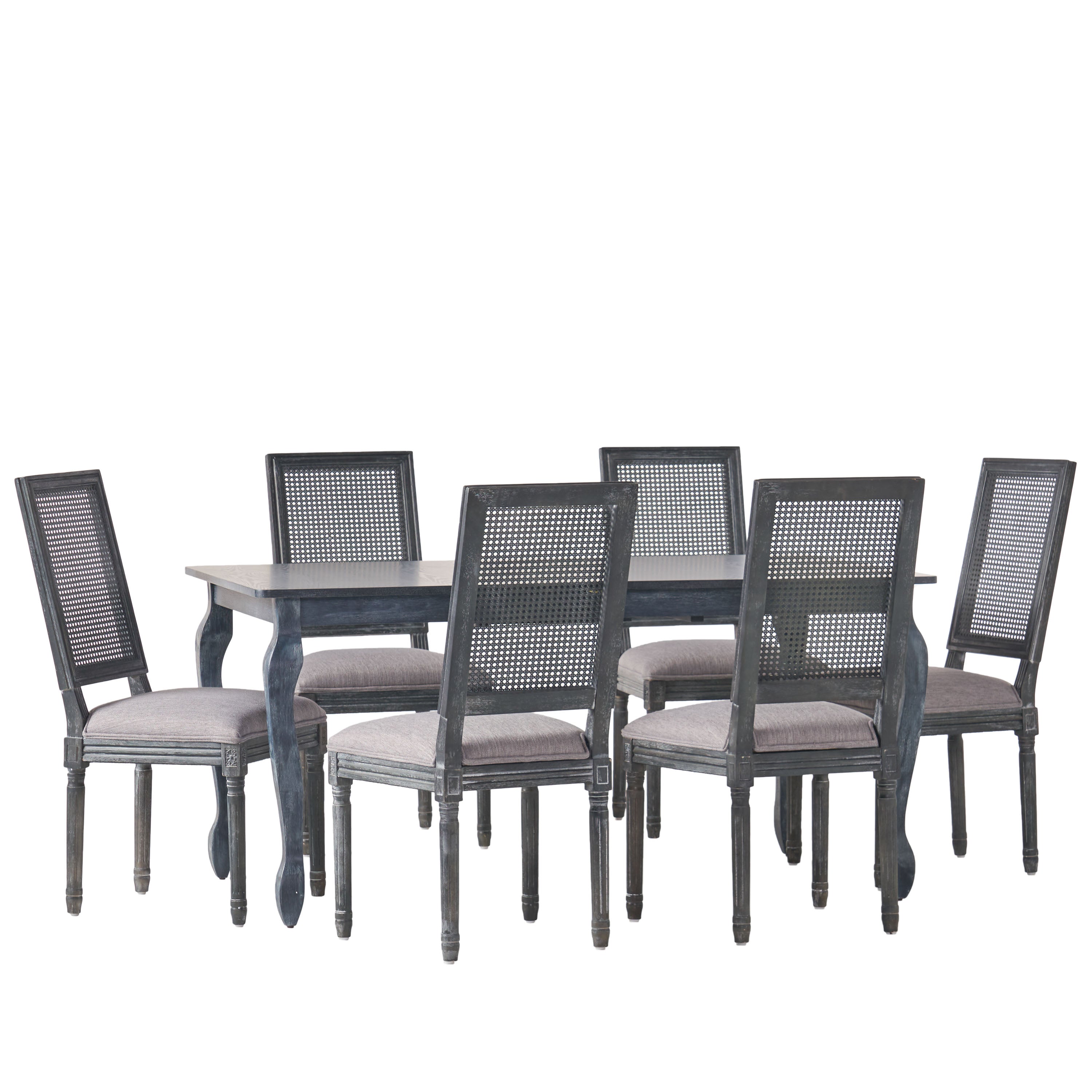 Fernleaf French Country Fabric Upholstered Wood and Cane Expandable 7 Piece Dining Set