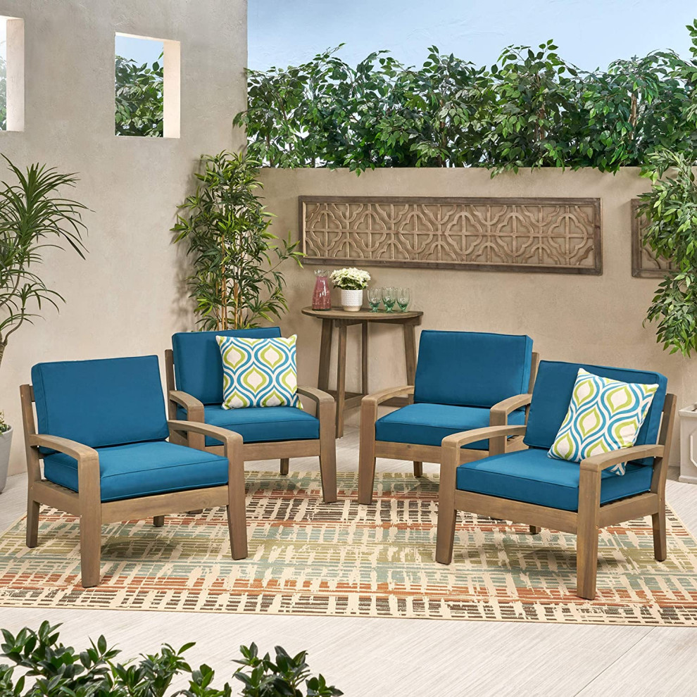 4 Pack Outdoor Lounge Chair  Acacia Wood Frame and Padded Dark Teal Cushion   Contemporary   Outdoor Lounge Chairs   by Decor Love  Houzz