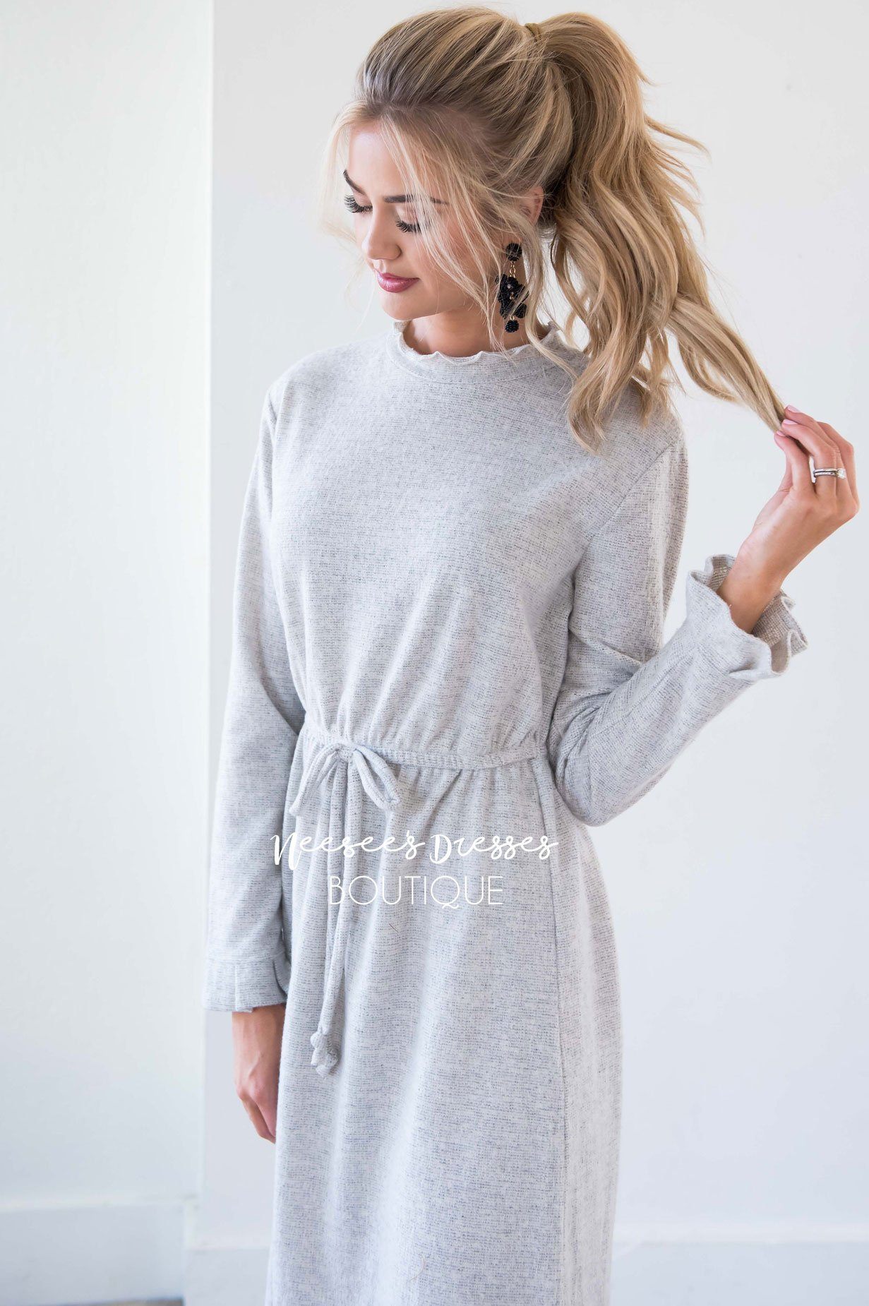 The Keely Ruffle Neckline & Wrists Sweater Dress