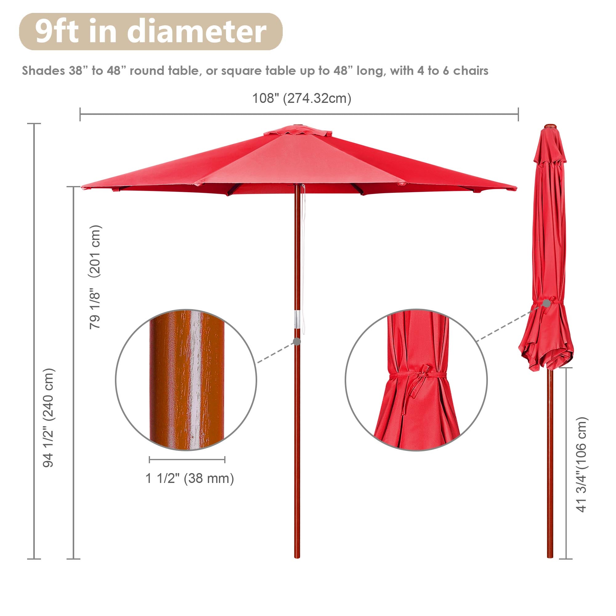 LAGarden 9ft Wooden Outdoor Patio Red Umbrella W/ Pulley Market Garden Yard Beach Deck Cafe Sunshade