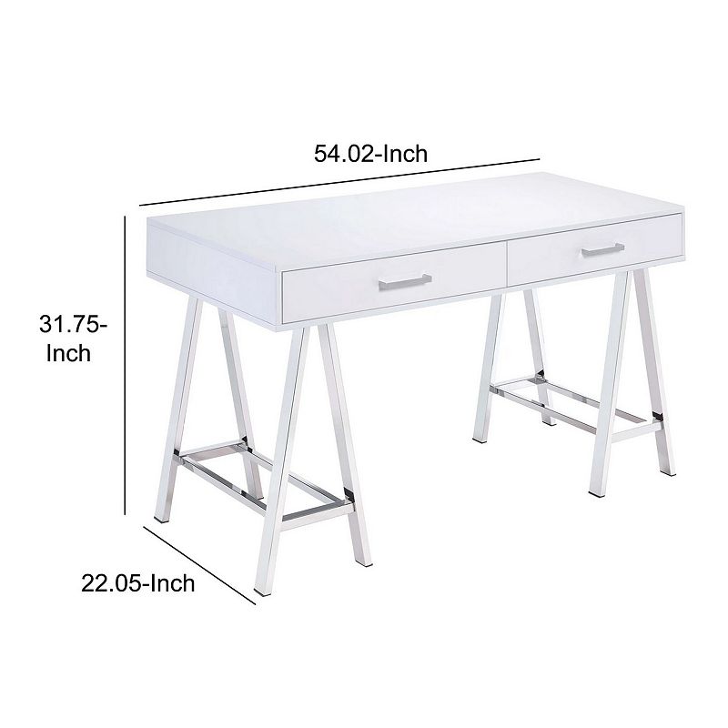 Rectangular Two Drawers Wooden Desk with Saw horse Metal Legs， Silver and White