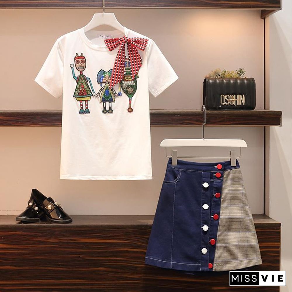 Cute Cartoon T-shirt +Denim Skirt P11150