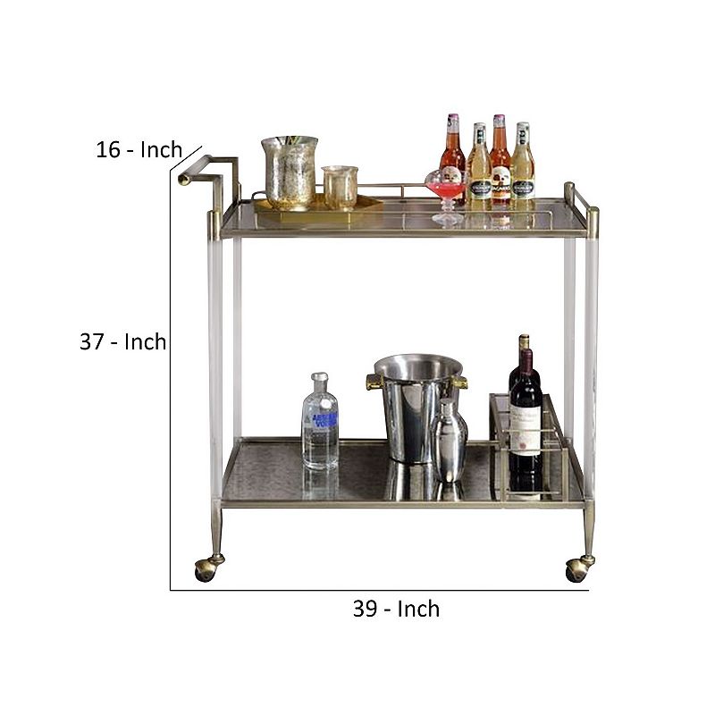 2 Tier Serving Cart with Acrylic and Metal Frame， Brass