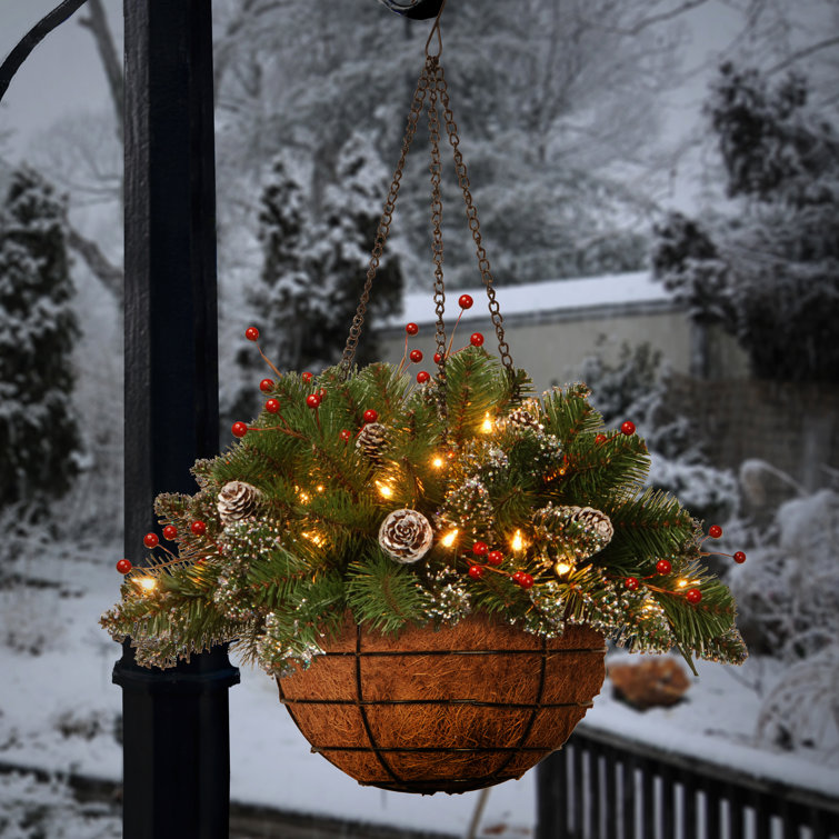 🎄Pre-lit Artificial Christmas Hanging Basket - Flocked with Mixed Decorations and White LED Lights - Frosted Berry