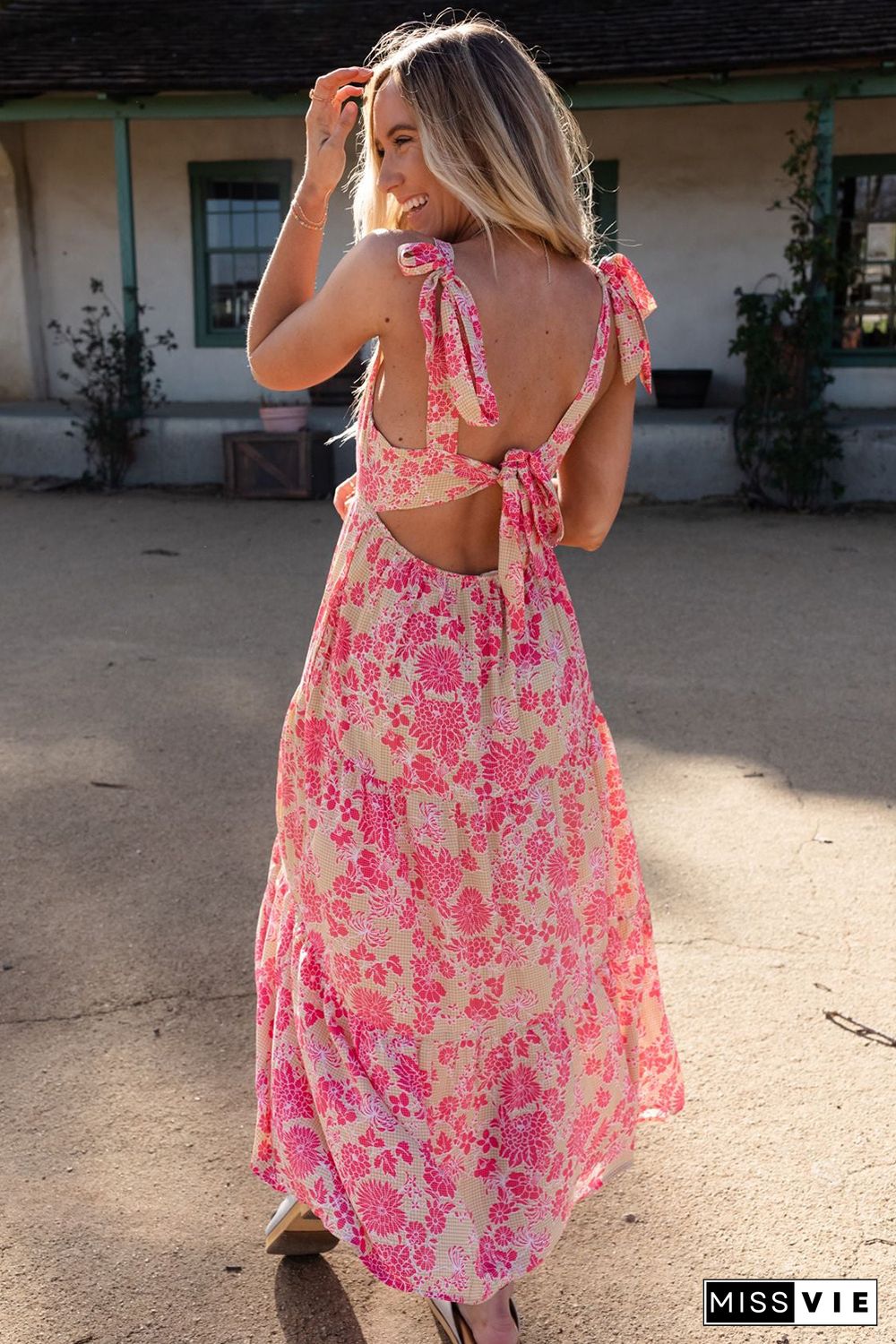 Pink Gingham Floral Tie Shoulder Maxi Dress