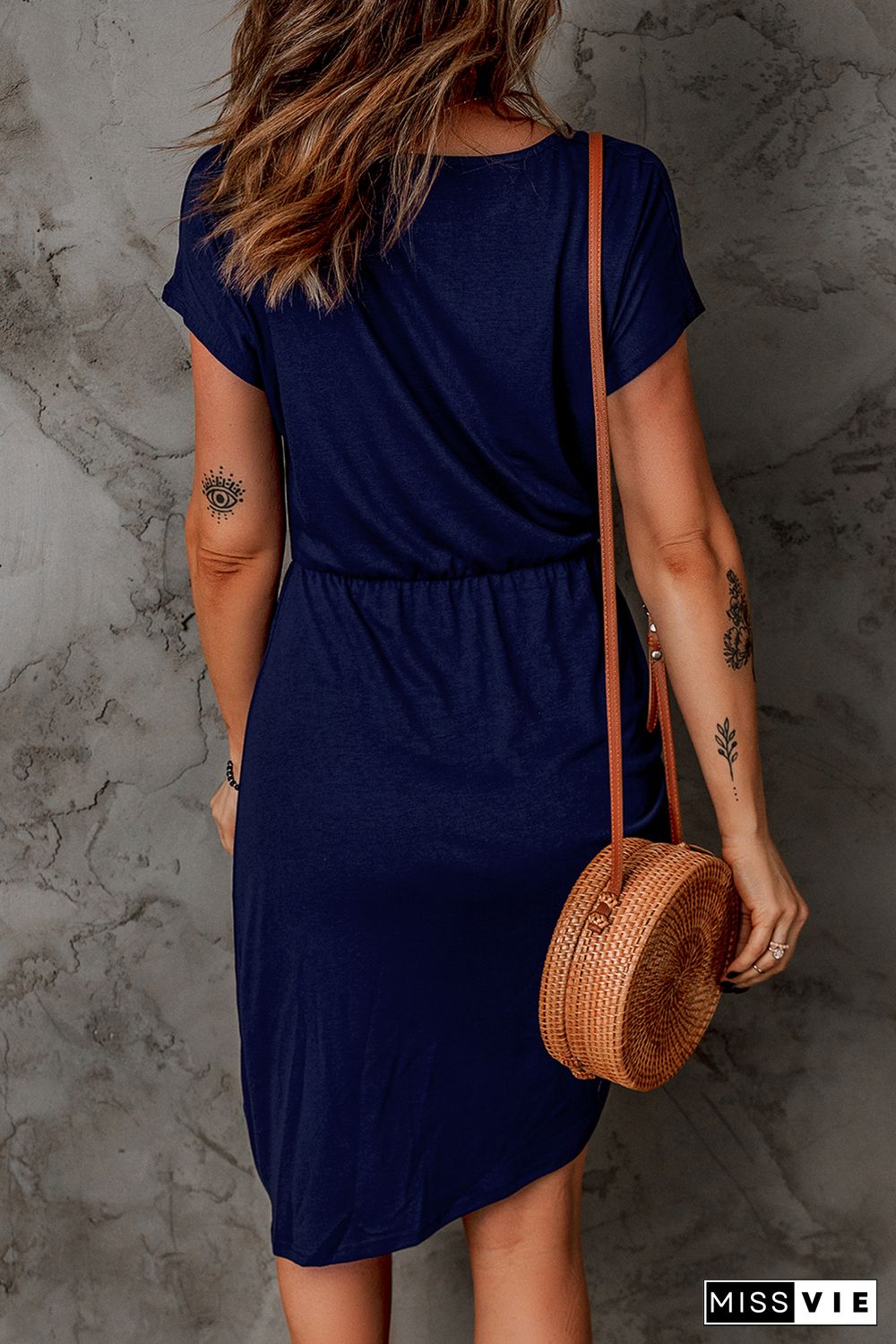 Blue Side Shirring Short Sleeve Mini Dress