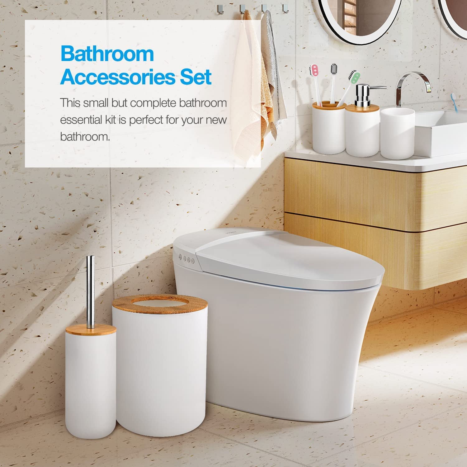 6 Pcs Bamboo and Plastic Bathroom Accessories Sets， Specially Designed for Small Spaces， Suitable for Homes， Hotels， Office Buildings (White)