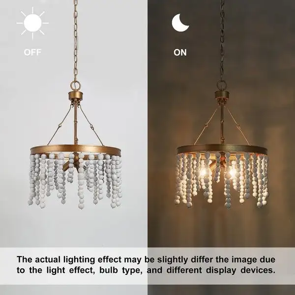 Mid-century Modern 3-light Wood Beads Chandelier Distressed Gold Dimmable Lights - D17