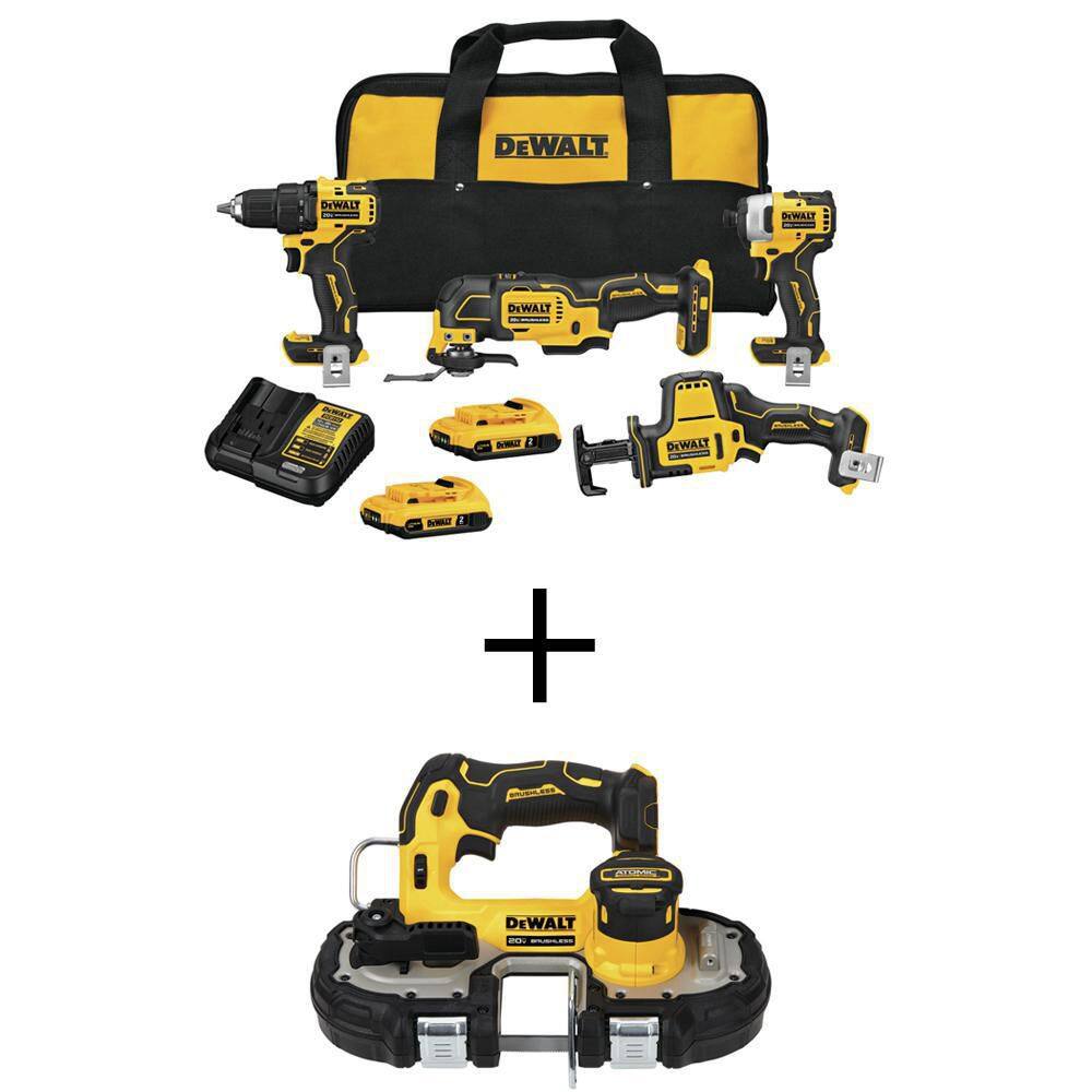 DW ATOMIC 20V MAX Cordless Brushless 4 Tool Combo Kit and ATOMIC 20V MAX Cordless Brushless Compact 1-34 in. Bandsaw DCK489D2WCS377B