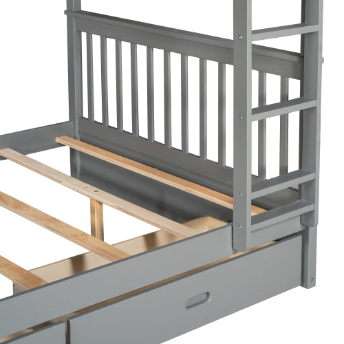 Wood Full Over Full Bunk Bed with Two Storage Drawers and Ladders for Kids Adults,Gray