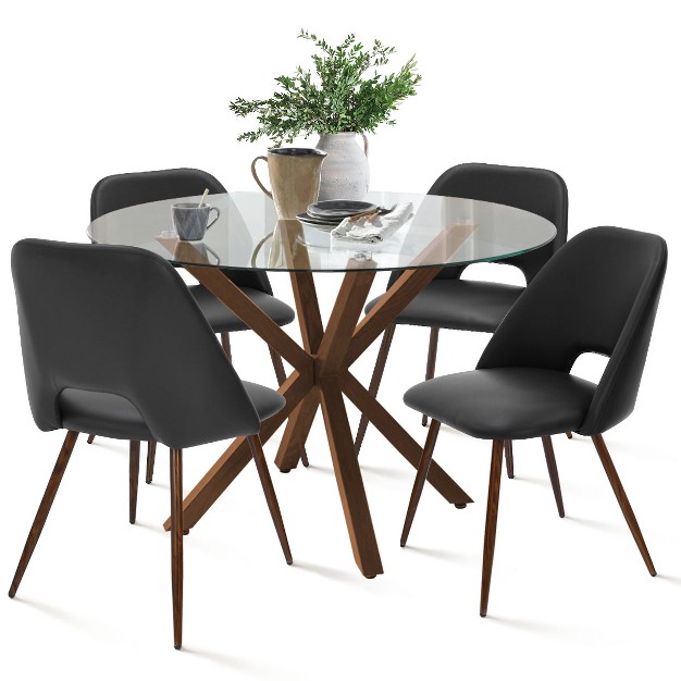 Oliver edwin 5 piece Round Clear Glass Dining Table Set With 4 Faux Leather Chairs Walnut Legs the Pop Maison