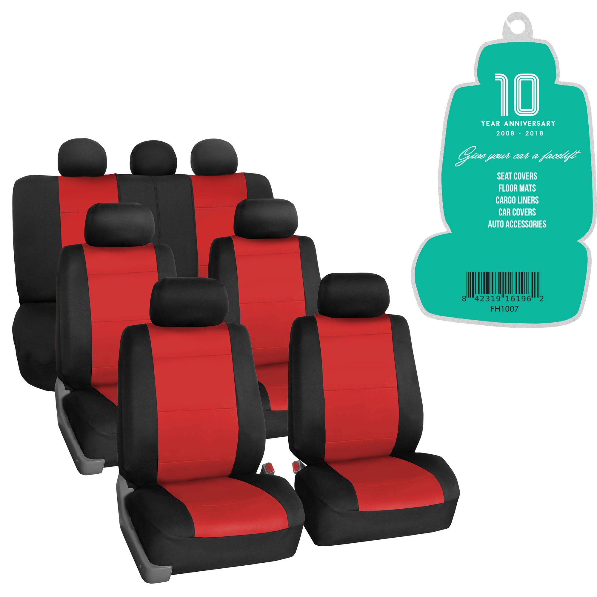 FH Group Neoprene 3 Row Car Seat Covers For SUV， Airbag Ready Split Bench 7 Seater， Red Black with Free Air Freshener