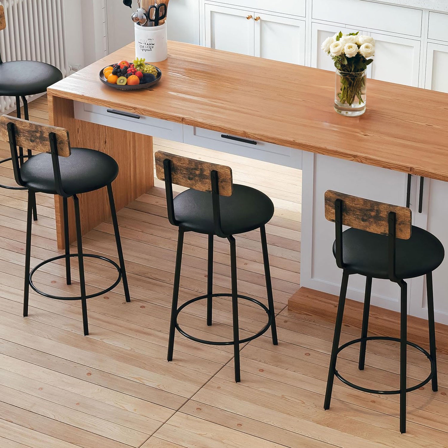 2 pcs Bar Stools PU Upholstered Swivel Barstools with Footrest for Dining Room Kitchen Counter Bar