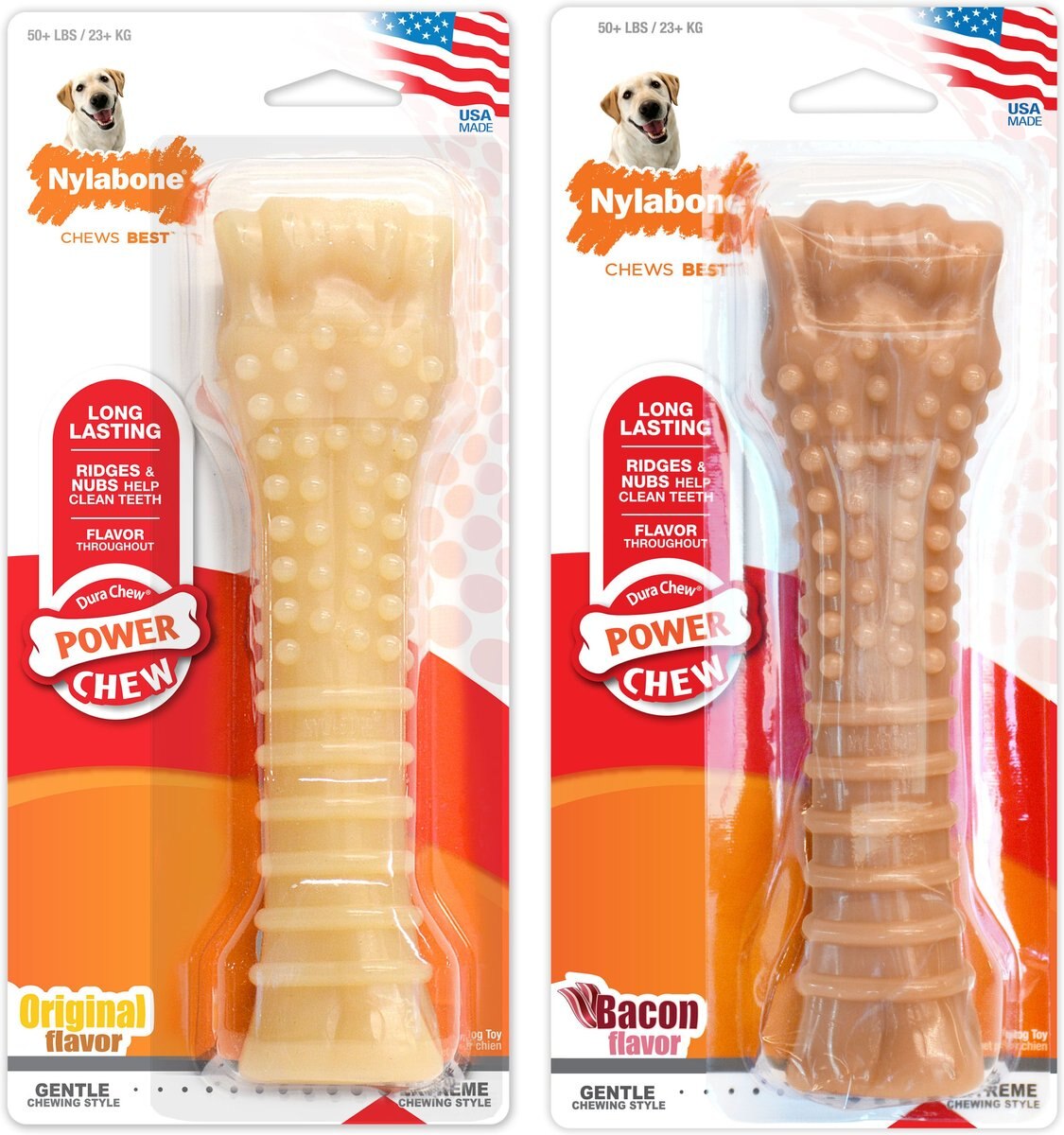 Nylabone Power Chew Aggressive Chewers Original and Bacon Flavors Dog Chew Toys， 2 count