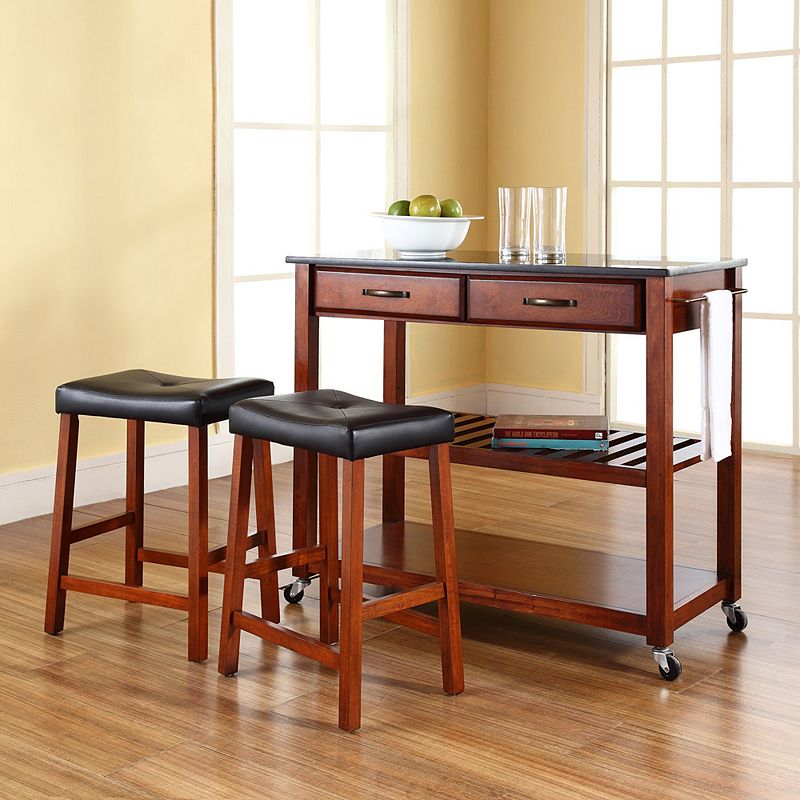 Crosley Furniture 3-piece Black Granite Top Kitchen Island Cart and Counter Stool Set