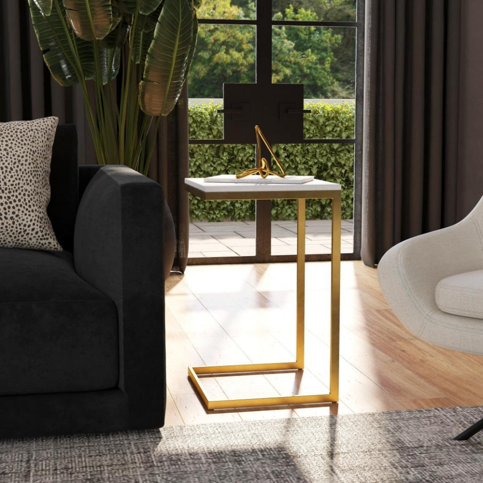 Modern End Table  C Shaped Frame With Golden Finish  ampSquare White Marble Top   Modern   Side Tables And End Tables   by Decor Love  Houzz