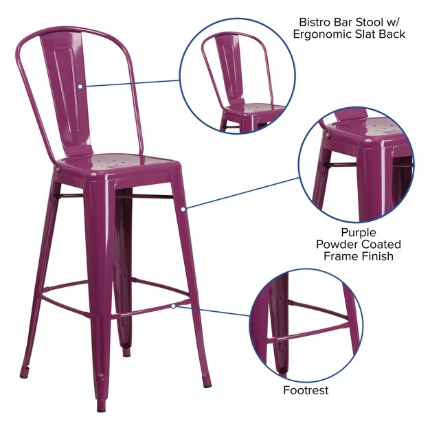 Merrick Lane Sabine Metal Indoor outdoor Barstool With Vertical Slat Back And Integrated Footrest