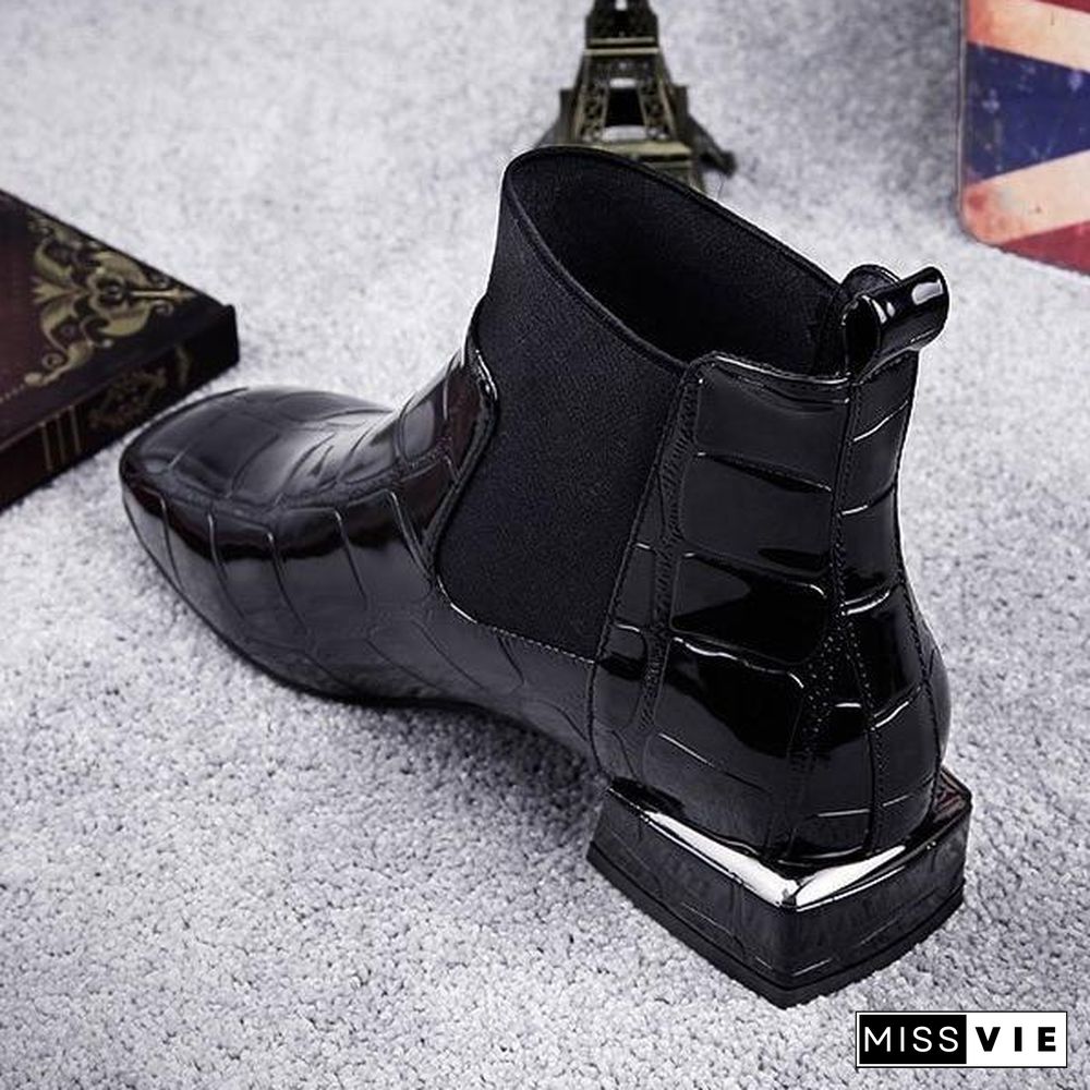 Chic Women Boots Shiny PU Leather Autumn Winter Shoes Woman Spuare Toe Block Heels Ankle Boots