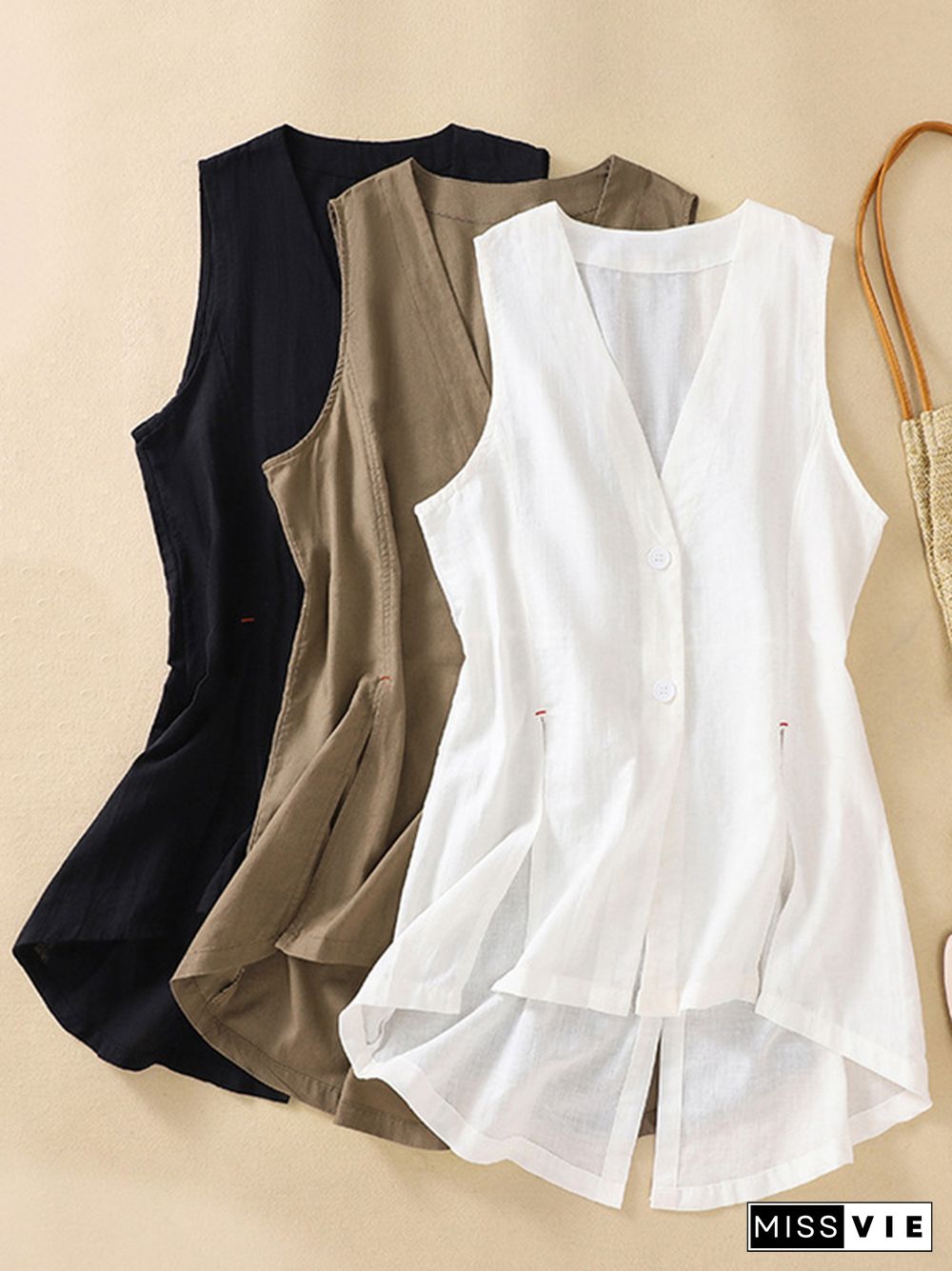 Loose Sleeveless Buttoned Solid Color V-Neck Vest Top