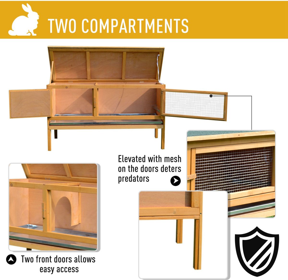 PawHut Hinged Asphalt Roof Indoor Outdoor Wooden Rabbit Hutch