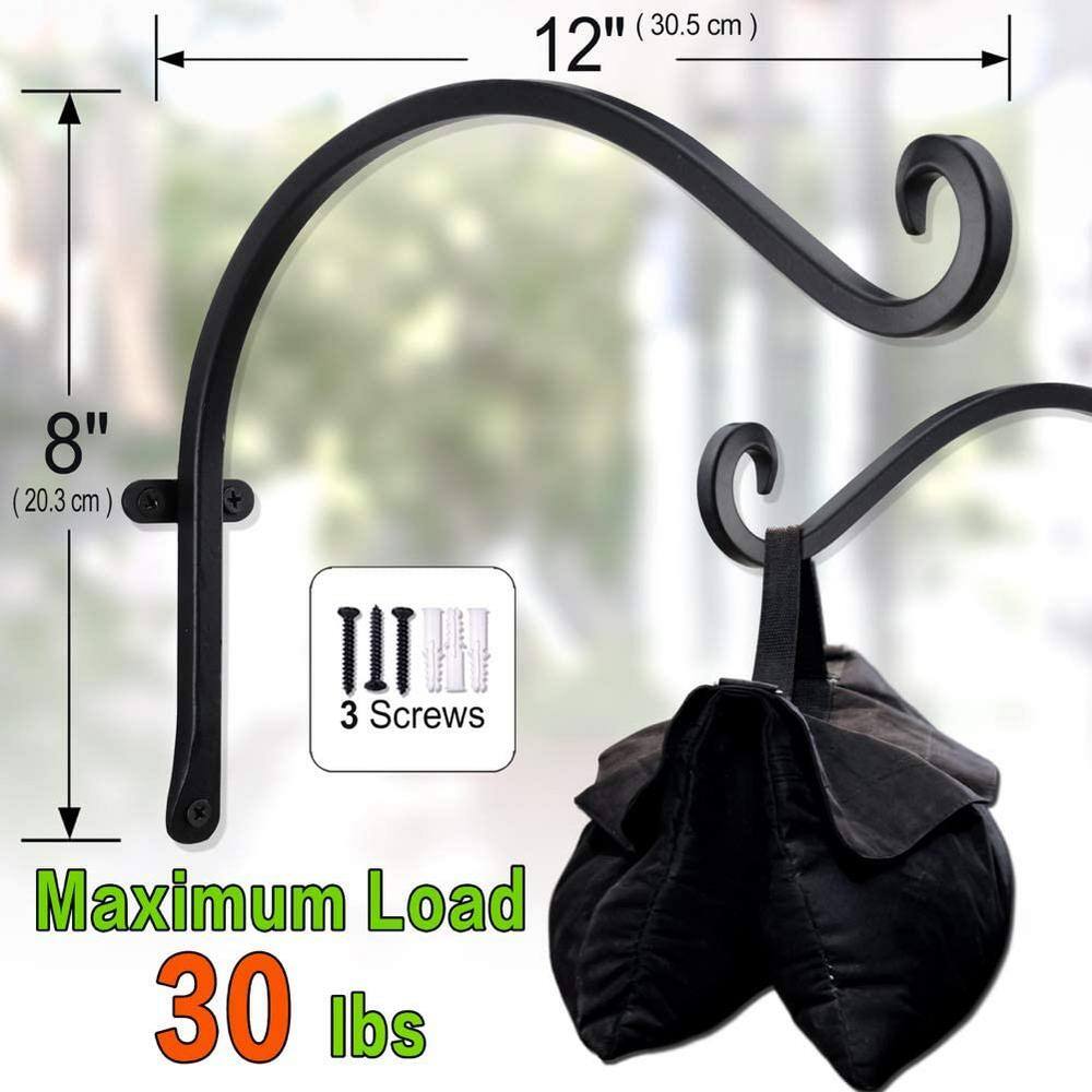 Cubilan 12 in. Hanging Plant Hanger Outdoor Metal Bird Feeder Wall Hooks Black Plant Bracket Hook (4-Pieces) B07XDR5TL1