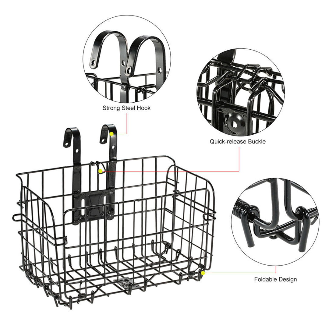 Pixnor Folding Rear Bike Basket Wire Mesh Fold-up， Detchable Front Bag Rear Hanging Basket Bicycle Bag Cargo Rack for Mountain Bike Accessories， Bike Frame Basket， Black