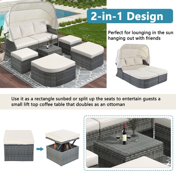 6Piece Outdoor Daybed Set with Retractable Canopy and Conversation Area