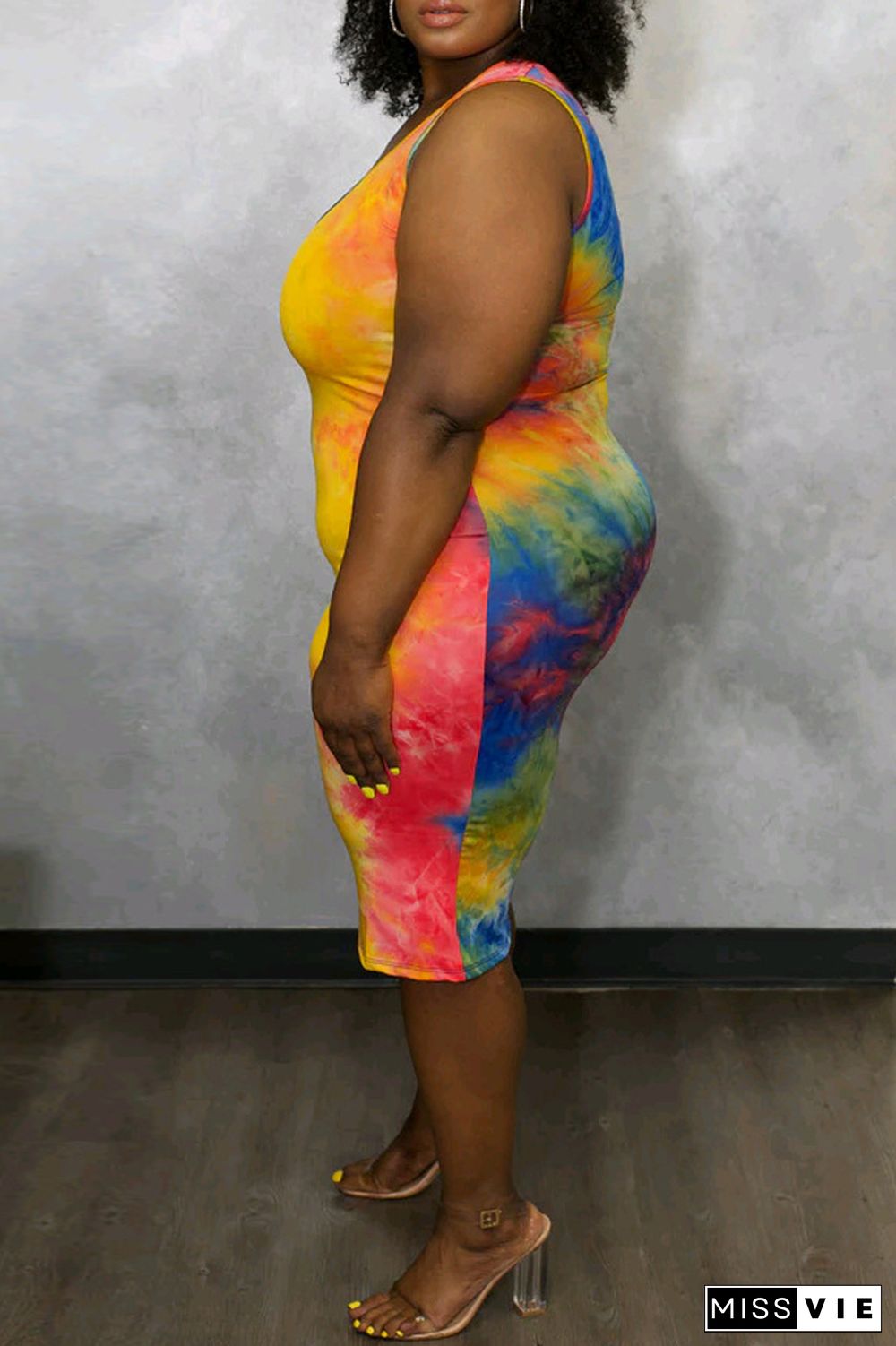 Yellow Sexy Casual Print Tie-dye U Neck Vest Dress Plus Size Dresses