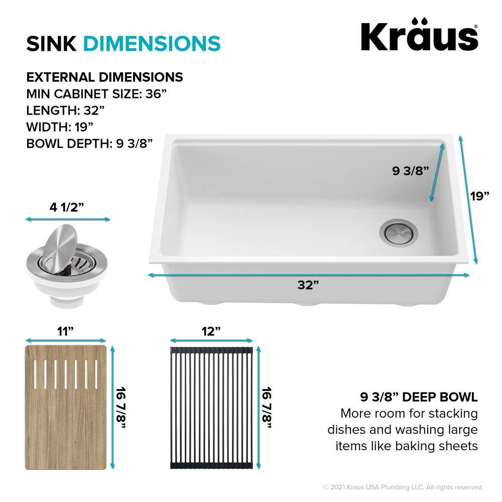 KRAUS Bellucci White Granite Composite 32 in. Single Bowl Undermount Workstation Kitchen Sink with Accessories KGUW1-33WH