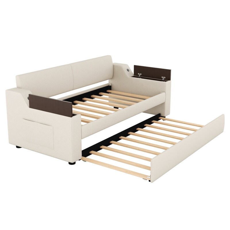 Twin Size Upholstery Daybed with Trundle and USB Design and Storage Arms Sofa Bed