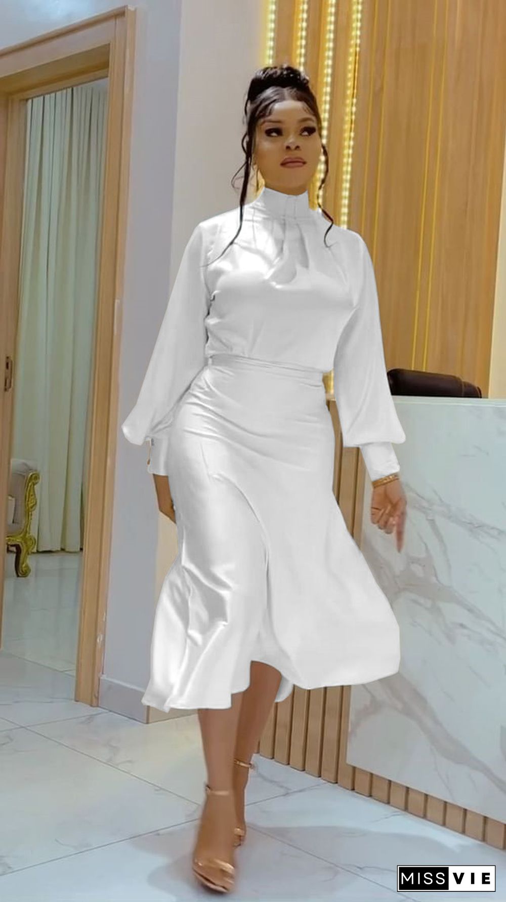 Elegant Long Sleeve Blouses Midi Calf Skirt 2 Piece Set