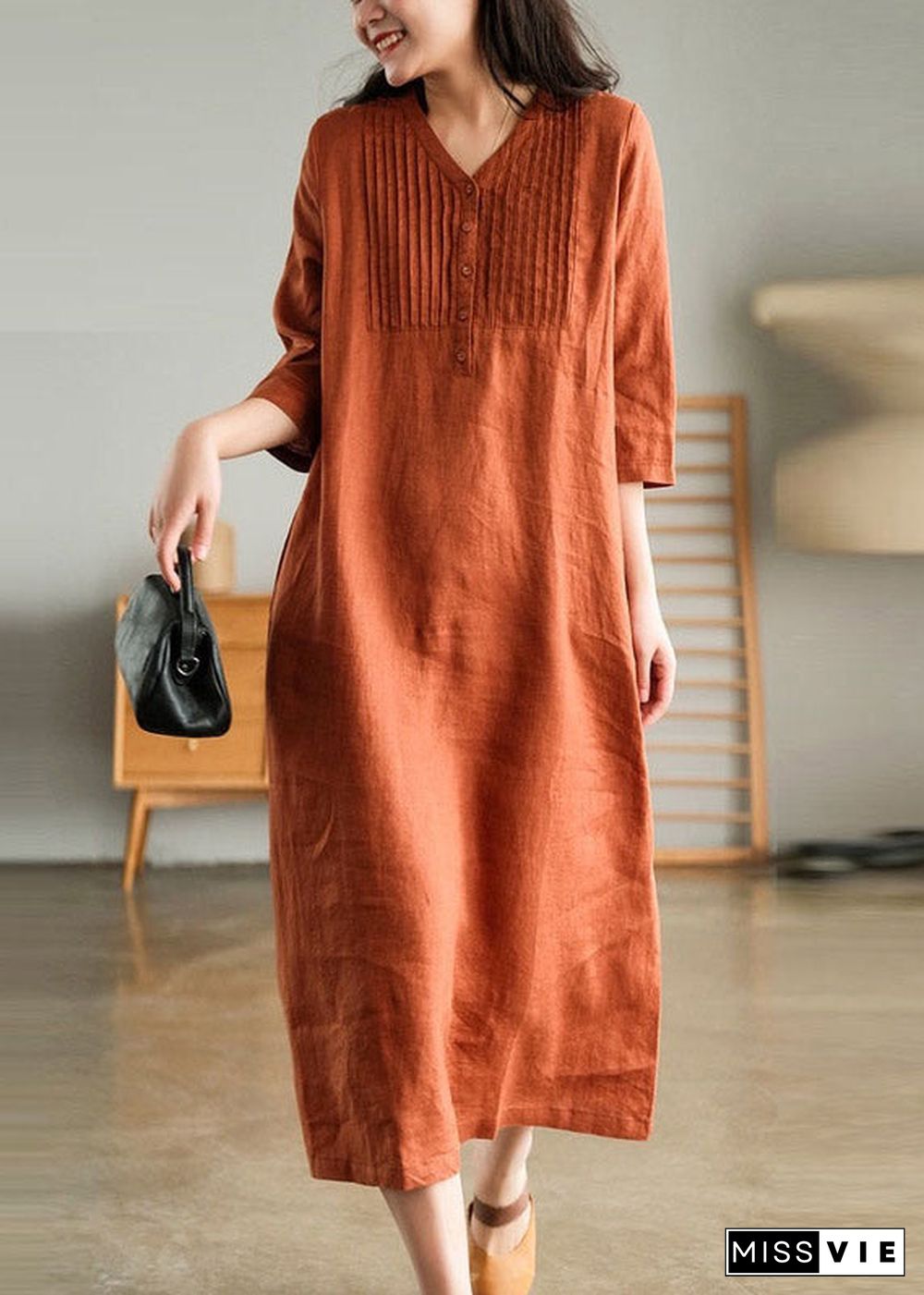 Print4 Loose Linen Long Dresses Button Solid Half Sleeve