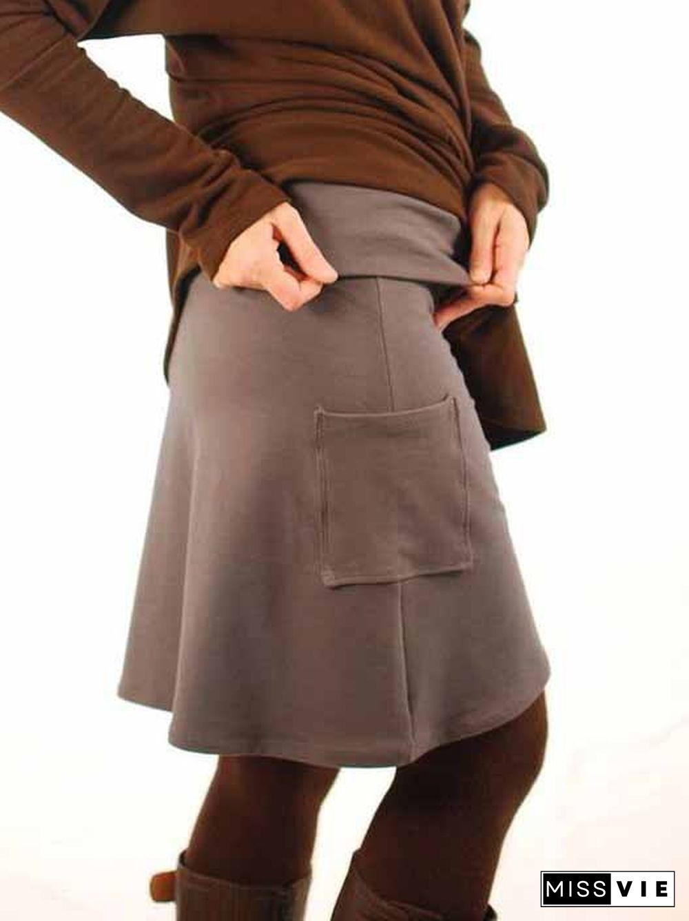 Women Casual Plain Autumn Micro-Elasticity Daily Jersey Elastic Band A-Line Regular Size Skirt