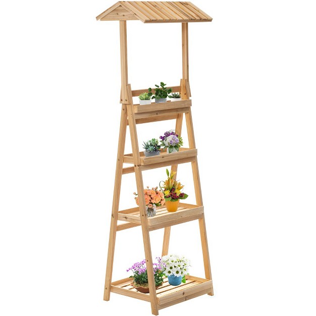 Vintiquewise Small Slim Narrow Wooden Shelf Stand Cart Plant Shelf With Artistic Roof Design