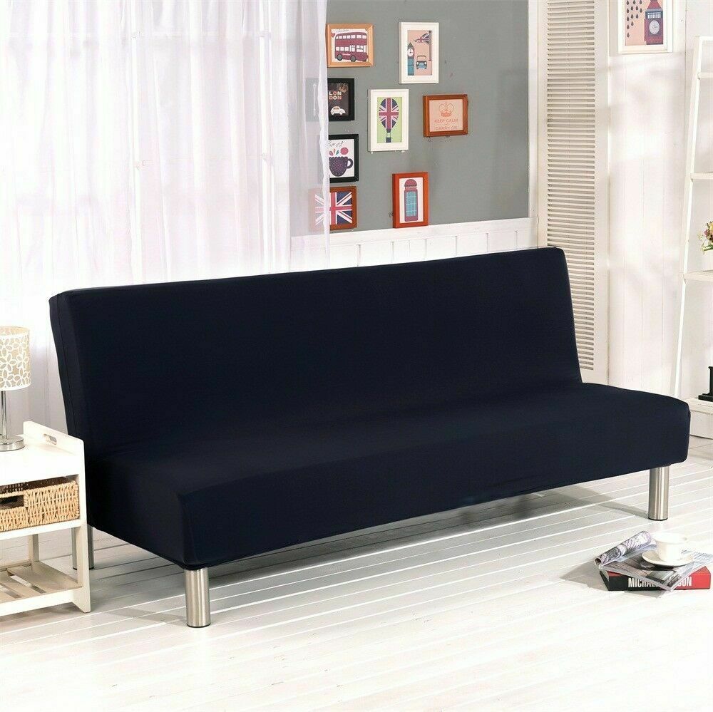 Jian Ya Na Armless Folding Sofa Bed Cover Solid Color Stretch Futon Slipcover Protector Black