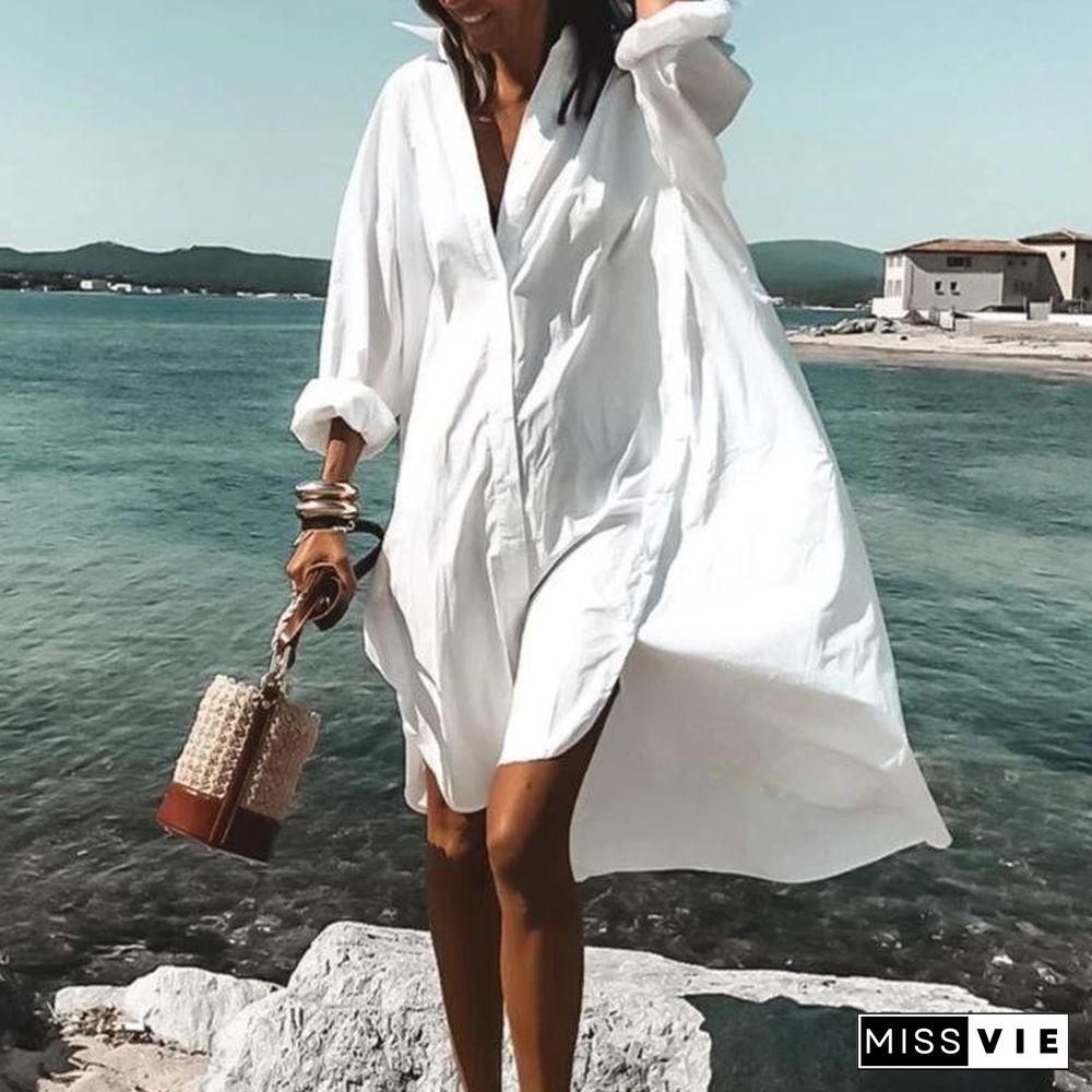 White Lapel Casual Printed Shirt Dress