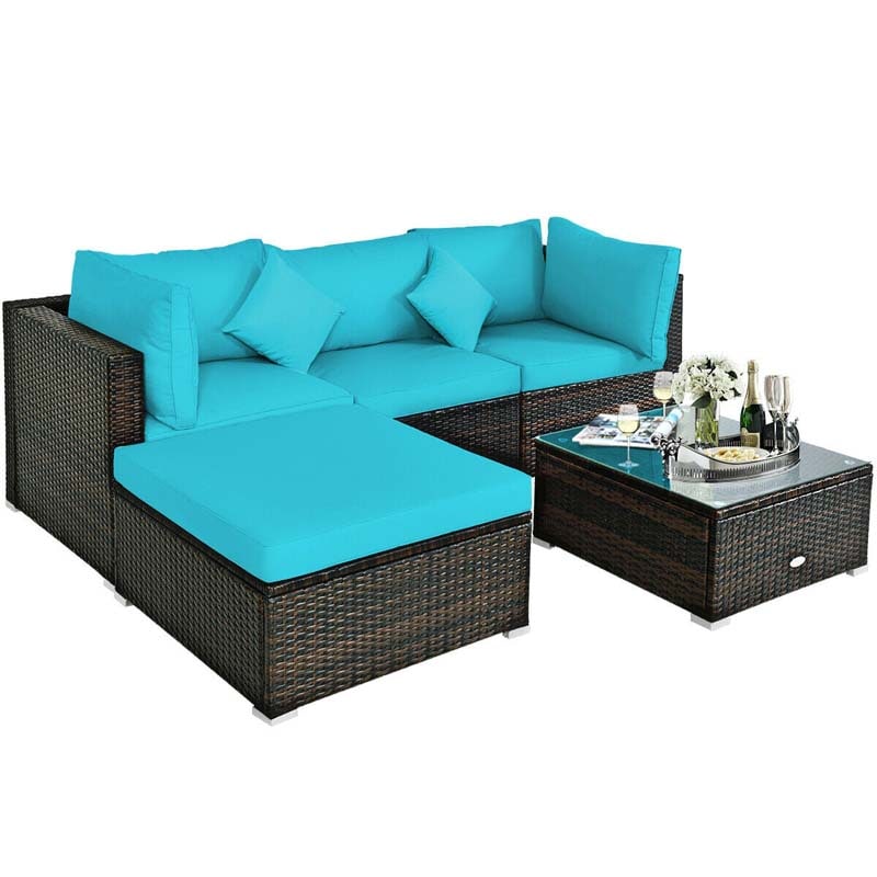 5 Pcs Outdoor Patio Rattan Furniture Sectional Sofa Set Wicker Conversation Set with Cushions