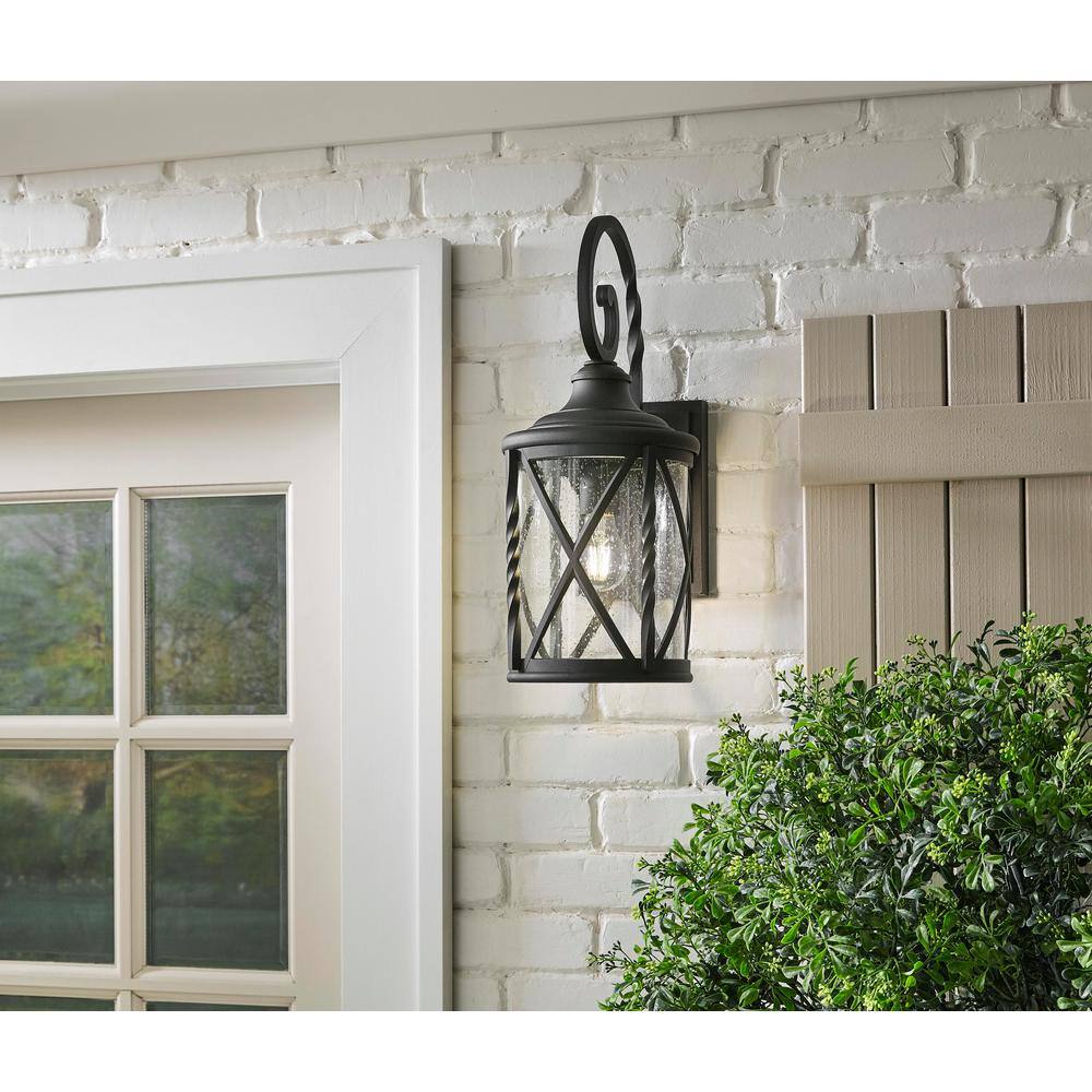 Home Decorators Collection Walcott Manor 8 in. One Light Black Industrial Outdoor Wall Lantern Sconce with Clear Seeded Glass 7954HDCBLDI