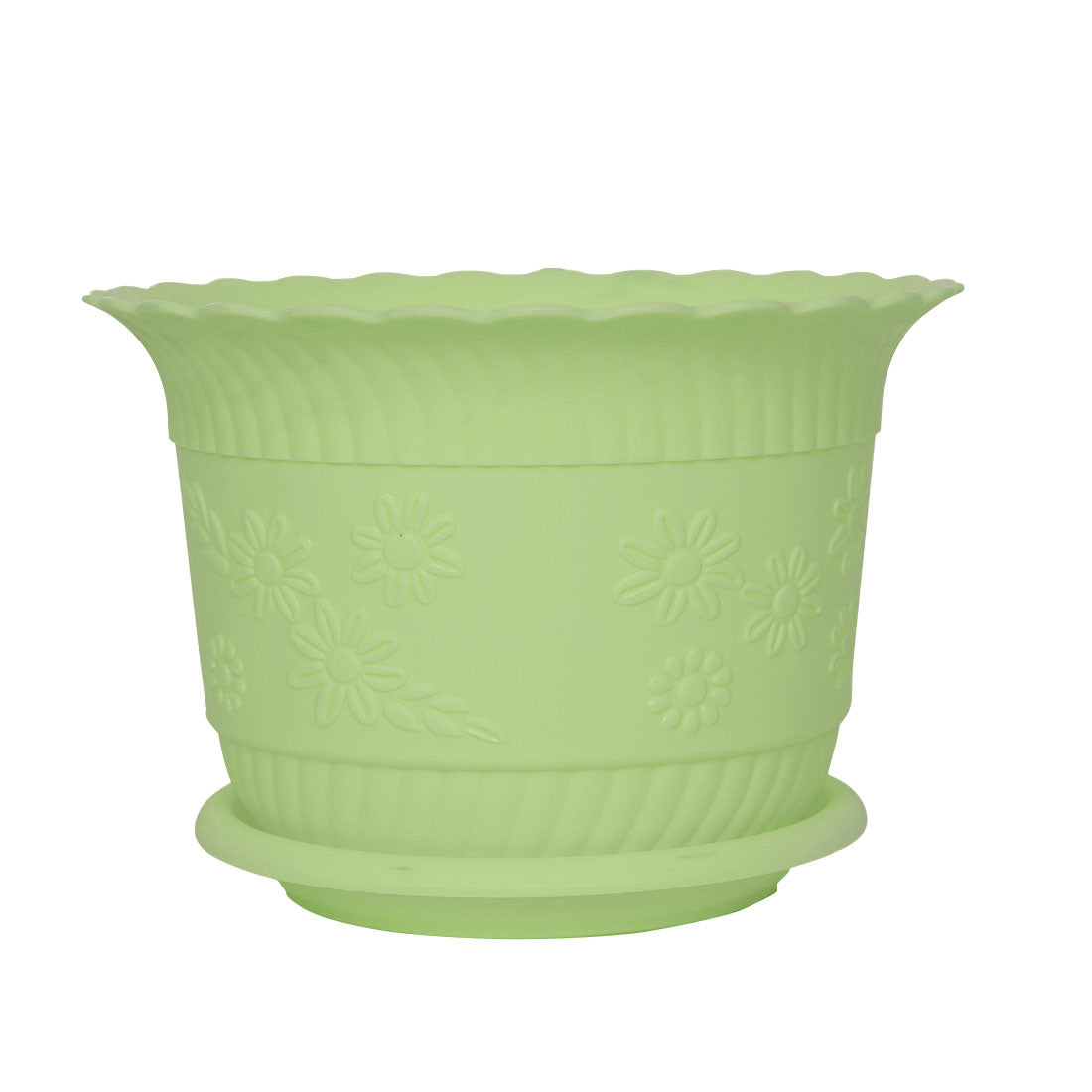 Uxcell Home Office Garden Plastic Floral Pattern Plant Flower Pot Light Green w Tray