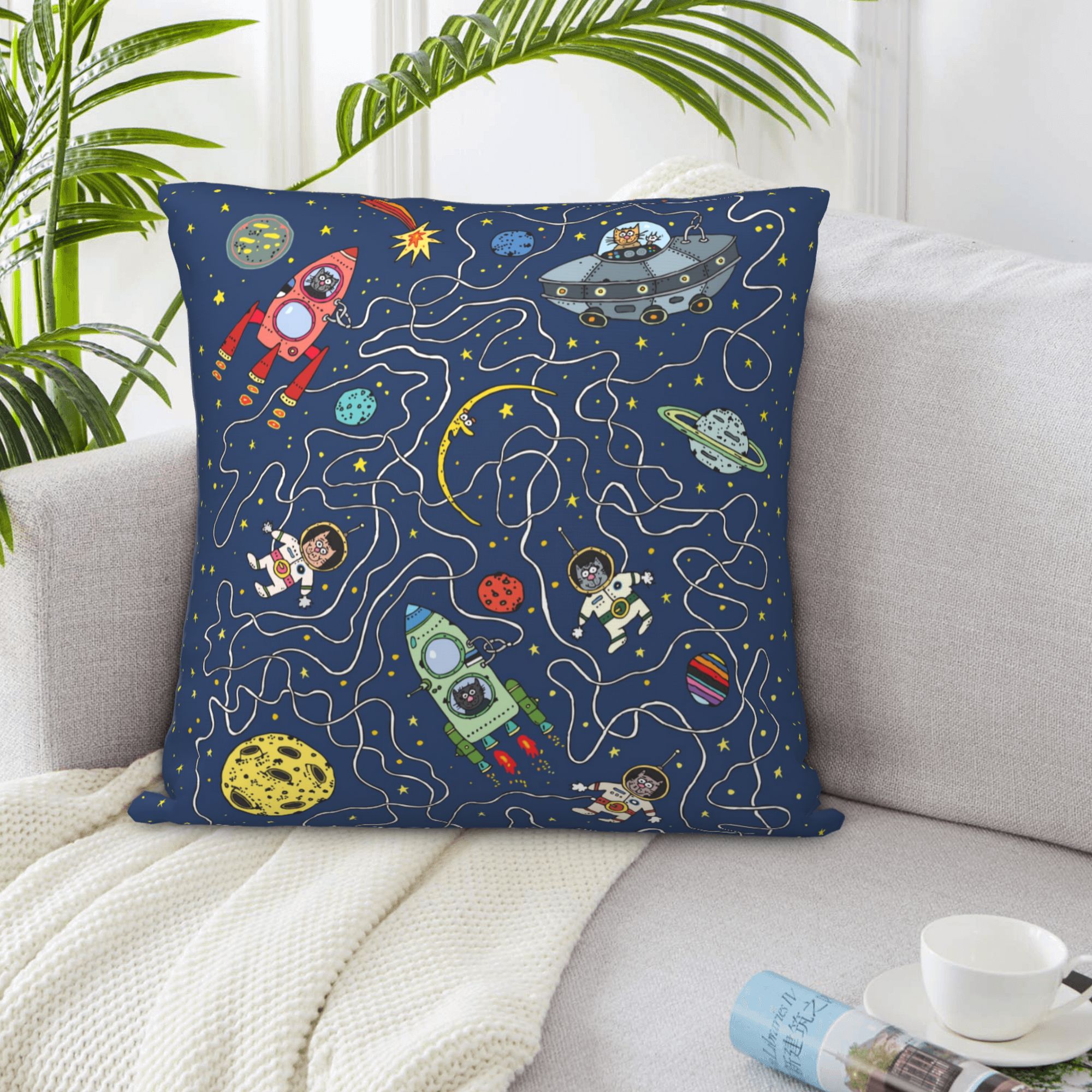 ZICANCN Space Astronaut Cat Rocket Decorative Throw Pillow Covers, Bed Couch Sofa Decorative Knit Pillow Covers for Living Room Farmhouse 24