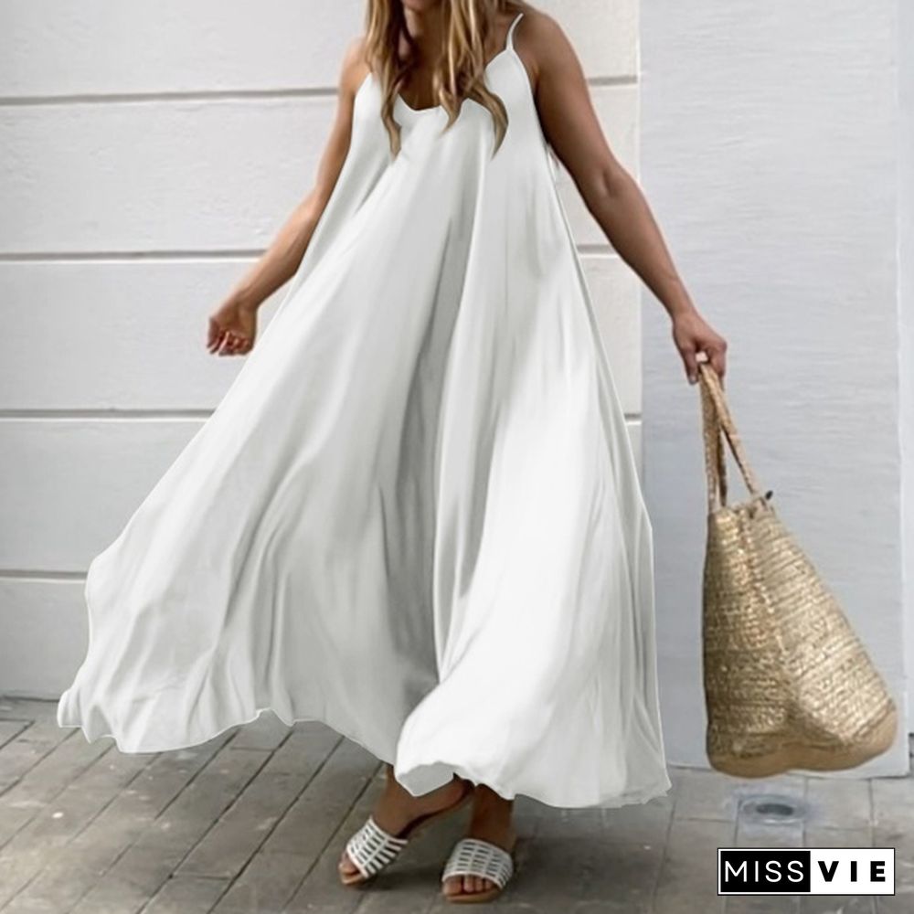 NEW Fashion Ladies Sleeveless Plain Summer Long Strap Dress Flowy A-Line Maxi Halter Dress Big Swing Loose Beach Holiday Tank Dress Sundress