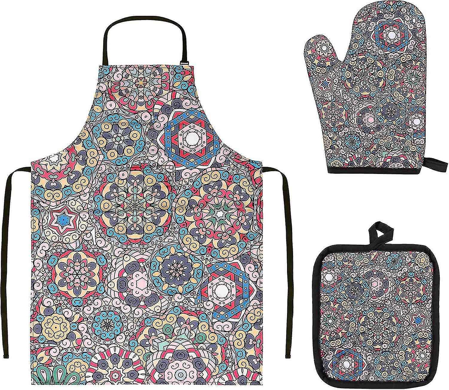 Cooking Apron And Oven Mitts Set， Holres Bohemia Kitchen Apron With Pocket Gift