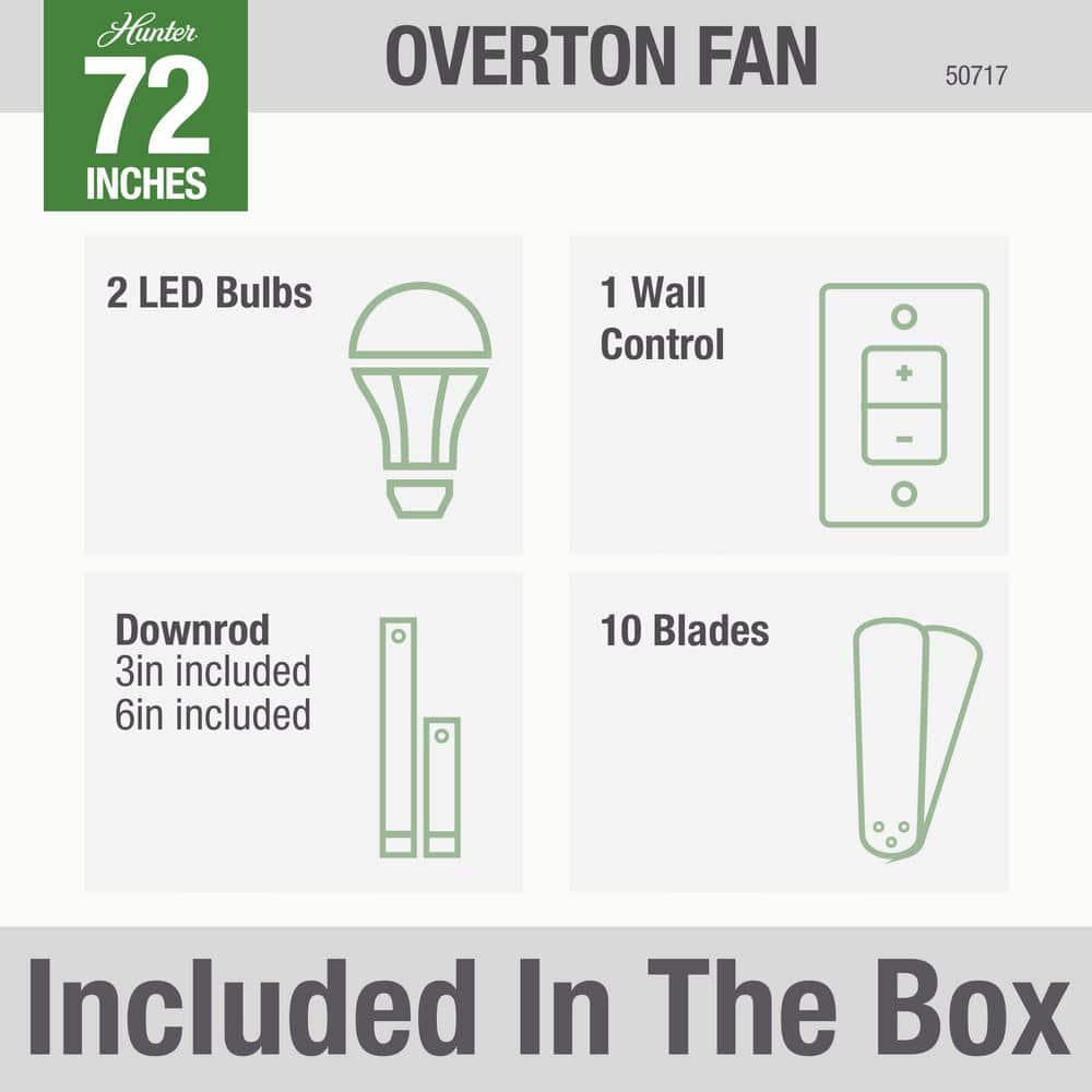 Hunter Overton 72 in Outdoor Matte Nickel Ceiling Fan with Light Kit and Wall Switch