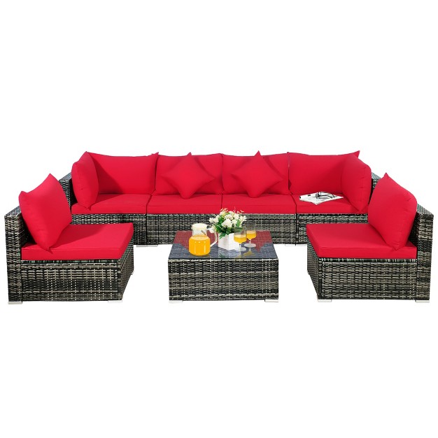 Costway 7pcs Patio Rattan Furniture Set Sectional Sofa Garden Red Cushion