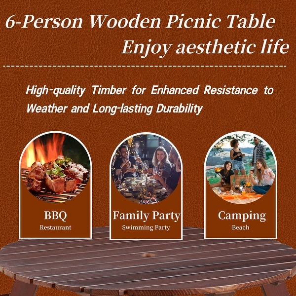 Outdoor Round Picnic Table Set with Builtin Benches and Umbrella Hole