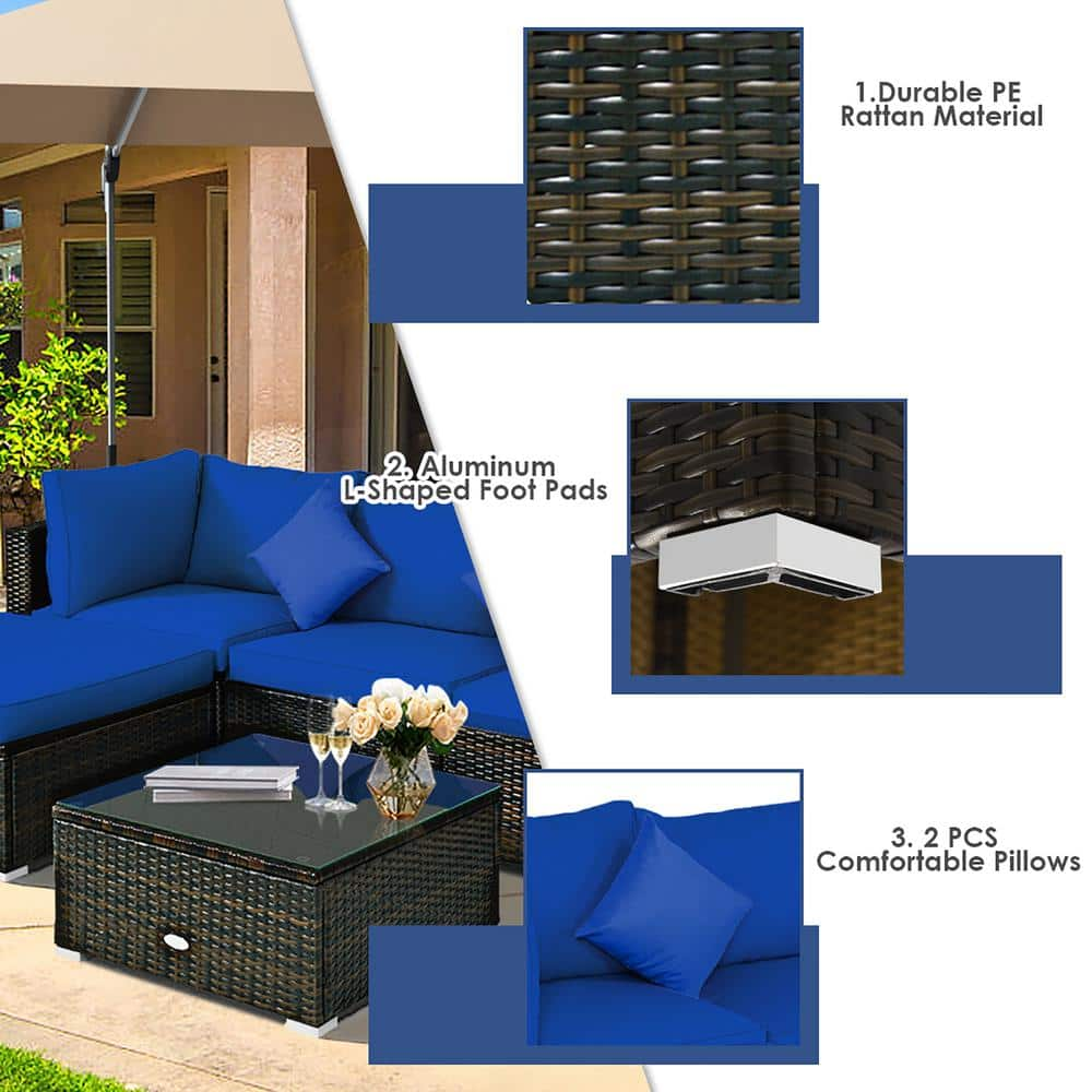 Costway 5-Piece Wicker Patio Conversation Set with Navy Cushions HW66868NY+