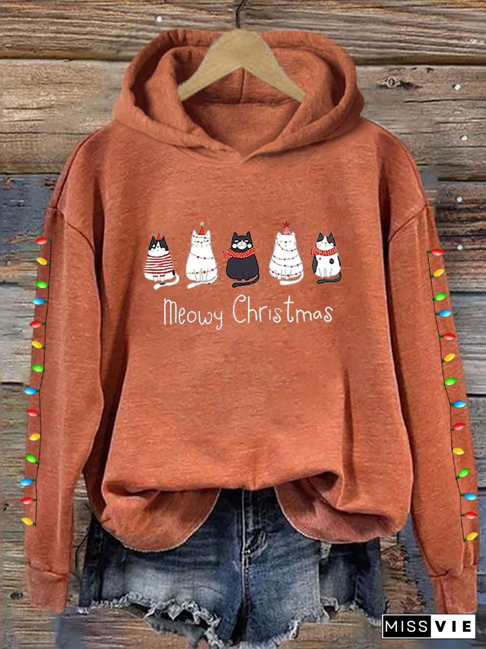 Women's Meowy Christmas Merry Christmas Cat Lover Lantern Printing Casual Hoodie